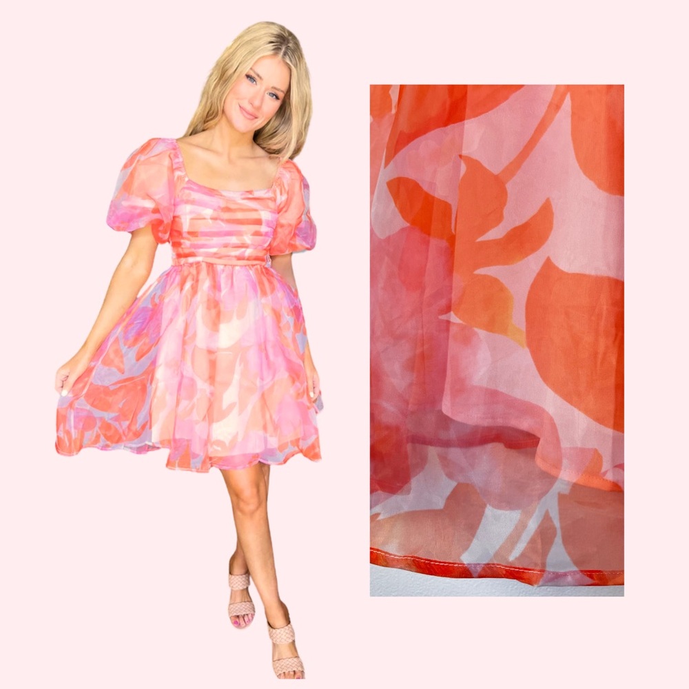 Babydoll Mini Dress w Puff Sleeves – Sherbet Pink & Orange Floral, Size M